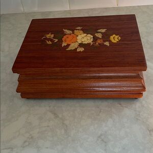 Vintage 1980’s floral applique Wooden Box tea caddy, jewelry box